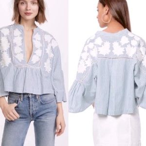 Free People Liya Embroidered Floral Stripe boho blouse top - XS